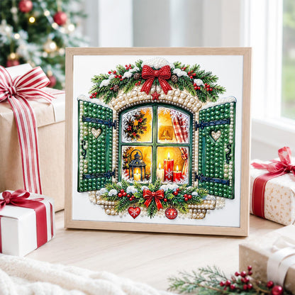 Green-Shuttered Candlelit Window pearl painting – image 4