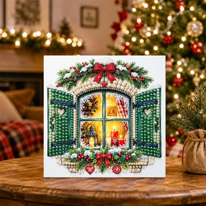 Green-Shuttered Candlelit Window pearl painting – image 5