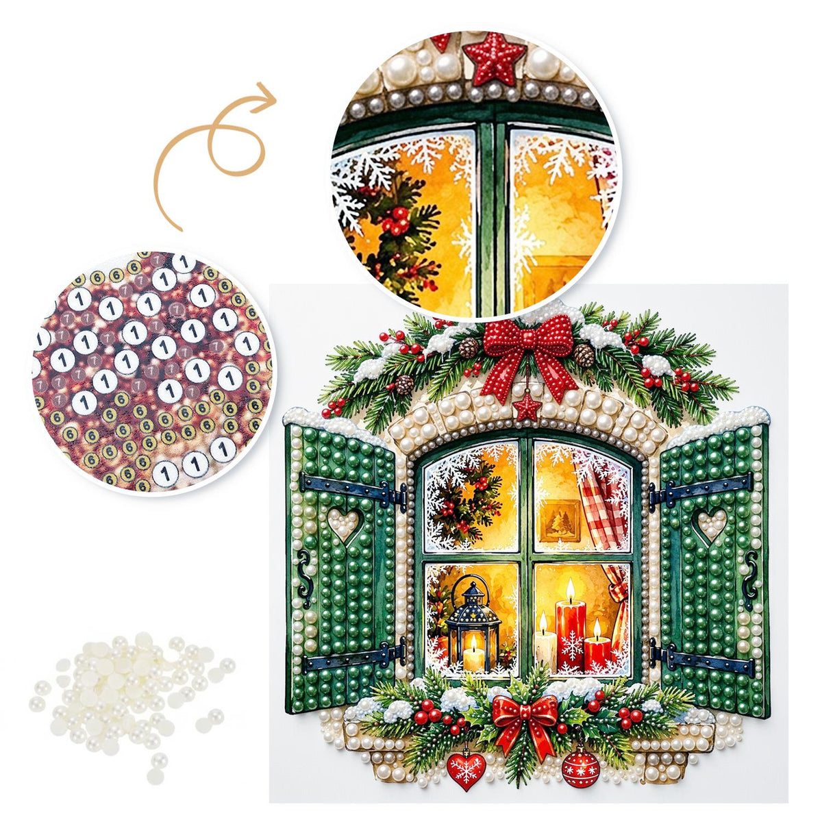 Green-Shuttered Candlelit Window pearl painting – image 6