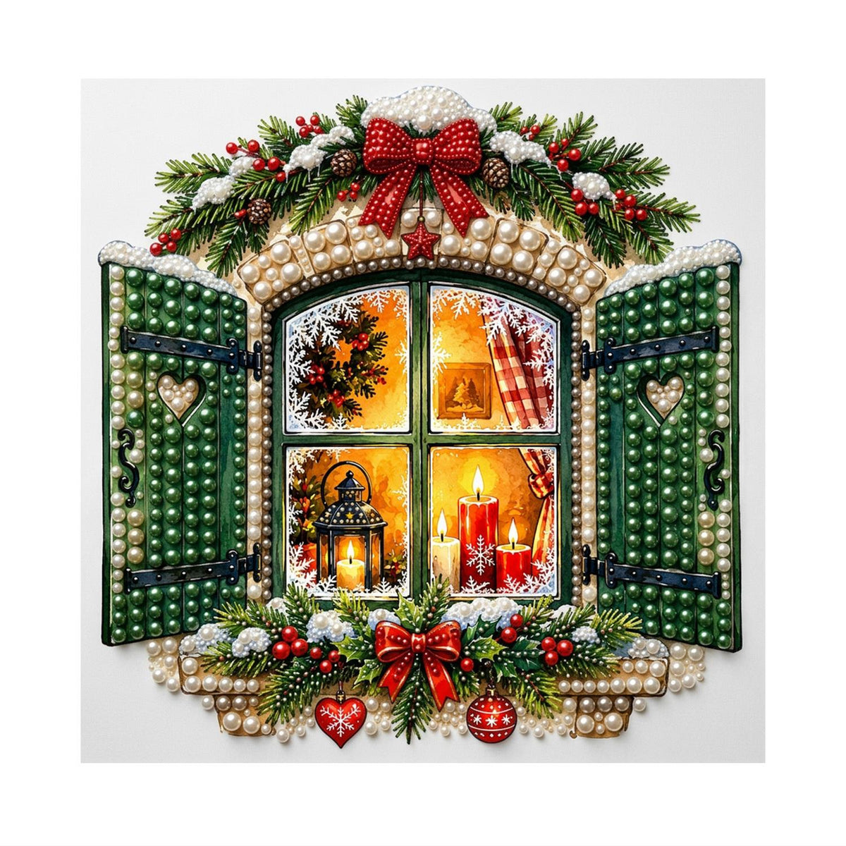 Green-Shuttered Candlelit Window pearl painting – image 11