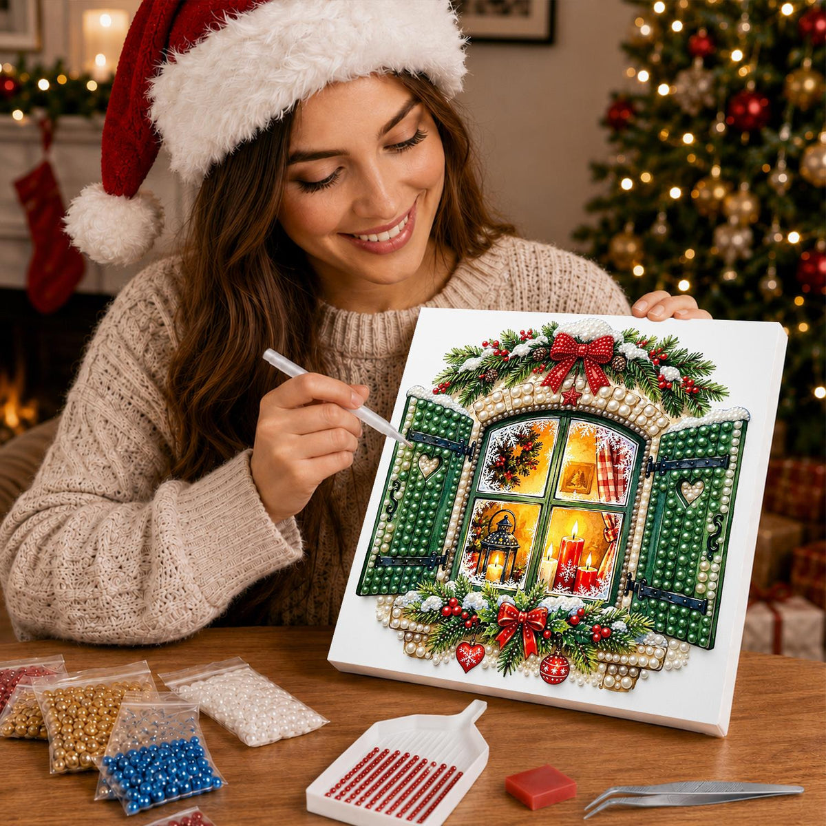 Green-Shuttered Candlelit Window pearl painting – image 16