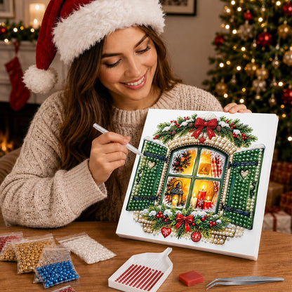 Green-Shuttered Candlelit Window pearl painting – image 16