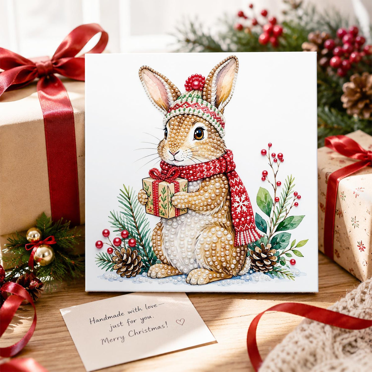 Bunny with a Wrapped Gift pearl painting – image 2
