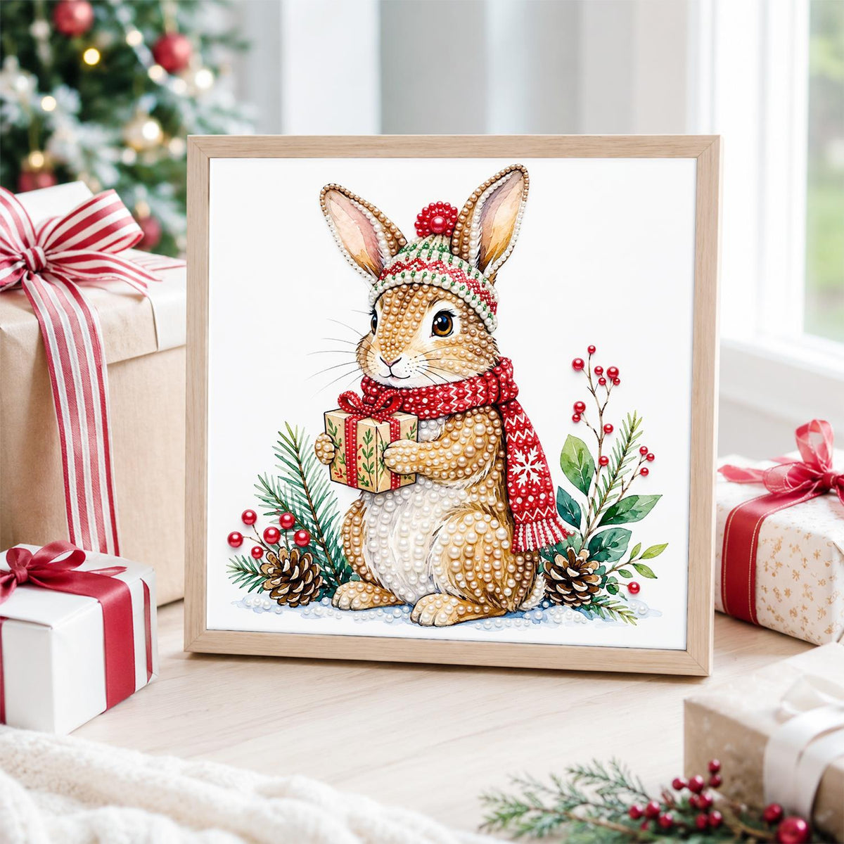 Bunny with a Wrapped Gift pearl painting – image 4
