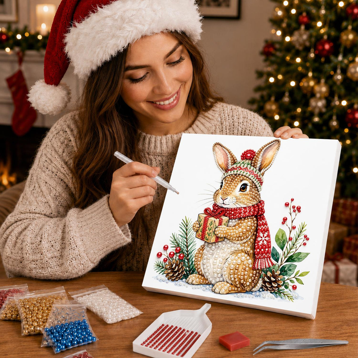 Bunny with a Wrapped Gift pearl painting – image 16