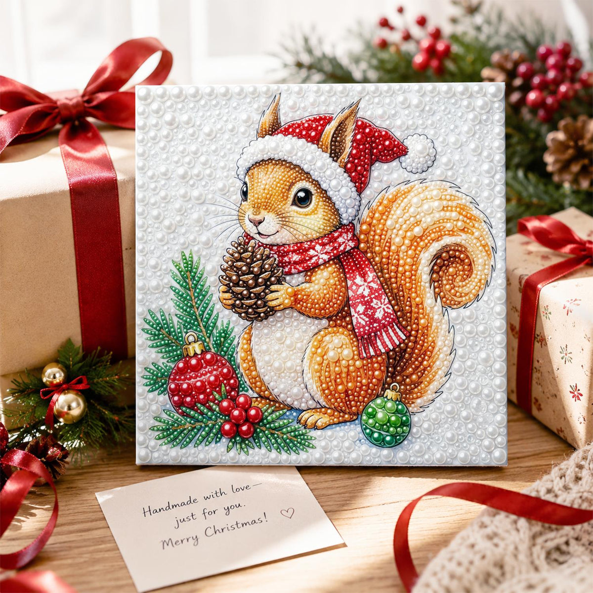 Santa-Hat Squirrel with Pine Cone pearl painting – image 2