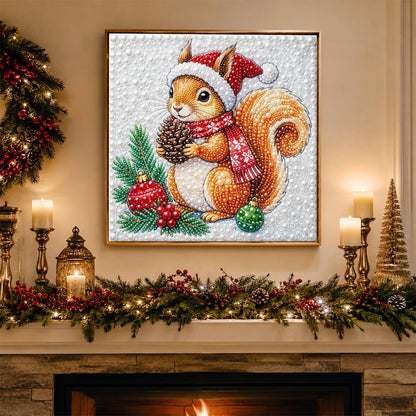 Santa-Hat Squirrel with Pine Cone pearl painting – image 3