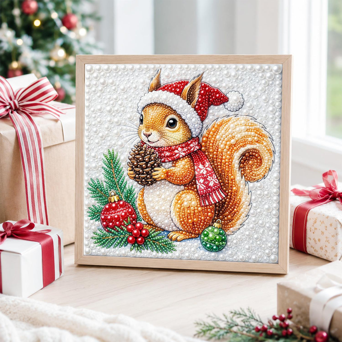 Santa-Hat Squirrel with Pine Cone pearl painting – image 4
