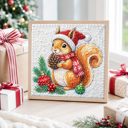 Santa-Hat Squirrel with Pine Cone pearl painting – image 4