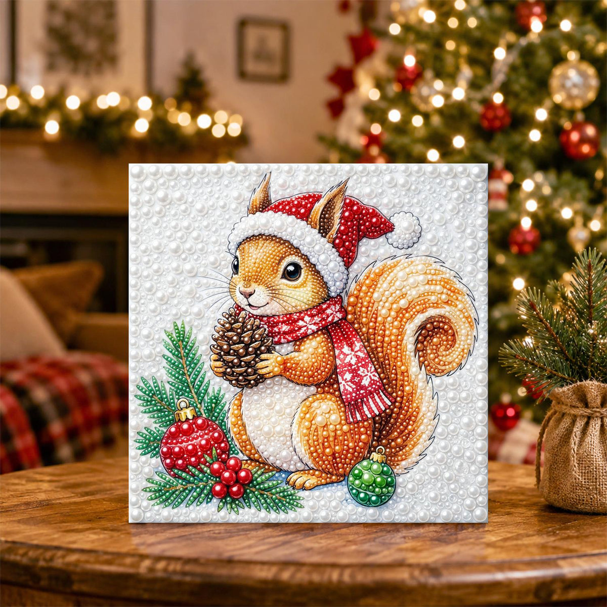 Santa-Hat Squirrel with Pine Cone pearl painting – image 5