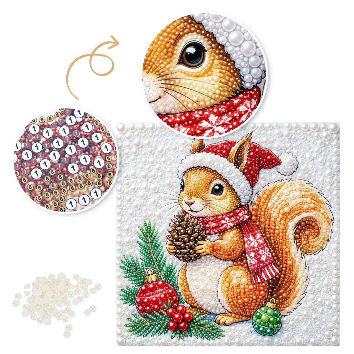 Santa-Hat Squirrel with Pine Cone pearl painting – image 6