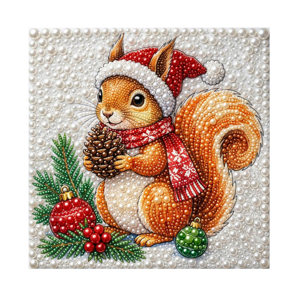 Santa-Hat Squirrel with Pine Cone pearl painting – image 11