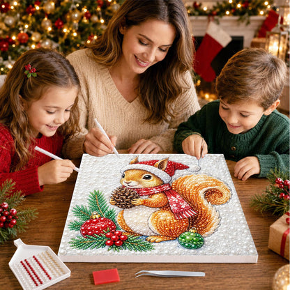 Santa-Hat Squirrel with Pine Cone pearl painting – image 15