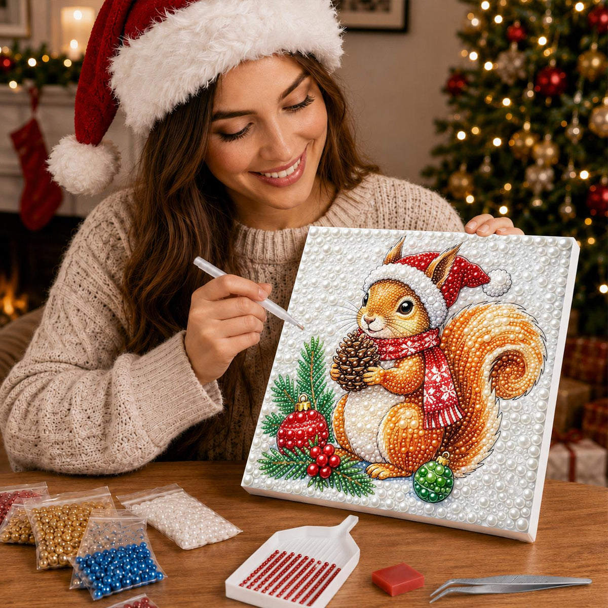 Santa-Hat Squirrel with Pine Cone pearl painting – image 16