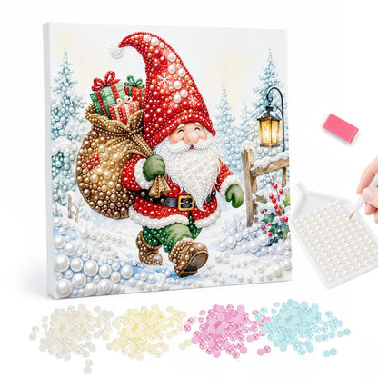 Gnome Hauling a Gift Sack pearl painting – Bearded gnome in a tall red hat carrying a sack of gifts through a snowy forest past a lantern post