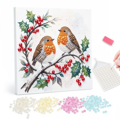 Robin Pair on a Holly Branch pearl painting – Two robins perched on a snowy branch with holly leaves and red berries