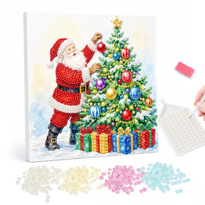 Santa Trimming the Tree pearl painting – Santa hanging an ornament on a decorated Christmas tree with colourful gifts stacked beneath