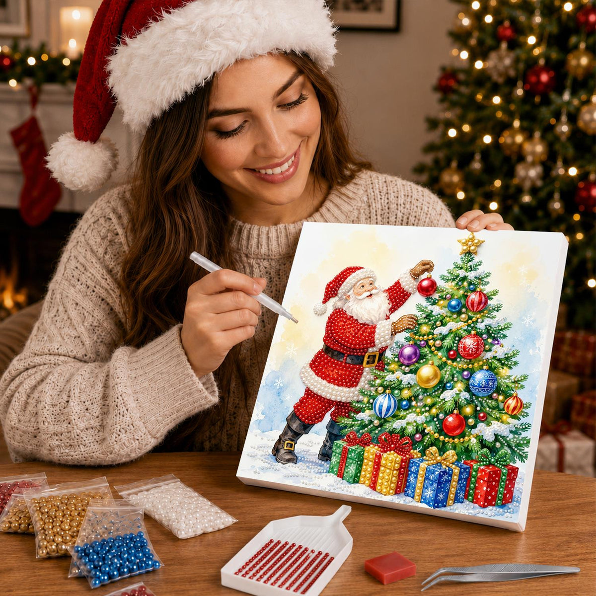 Santa Trimming the Tree pearl painting – image 16