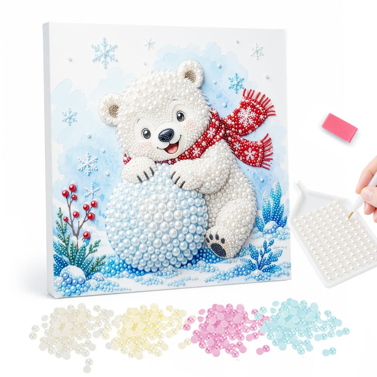 Polar Cub Rolling a Snowball pearl painting – Smiling polar bear cub in a red scarf leaning on a giant snowball among frosty plants