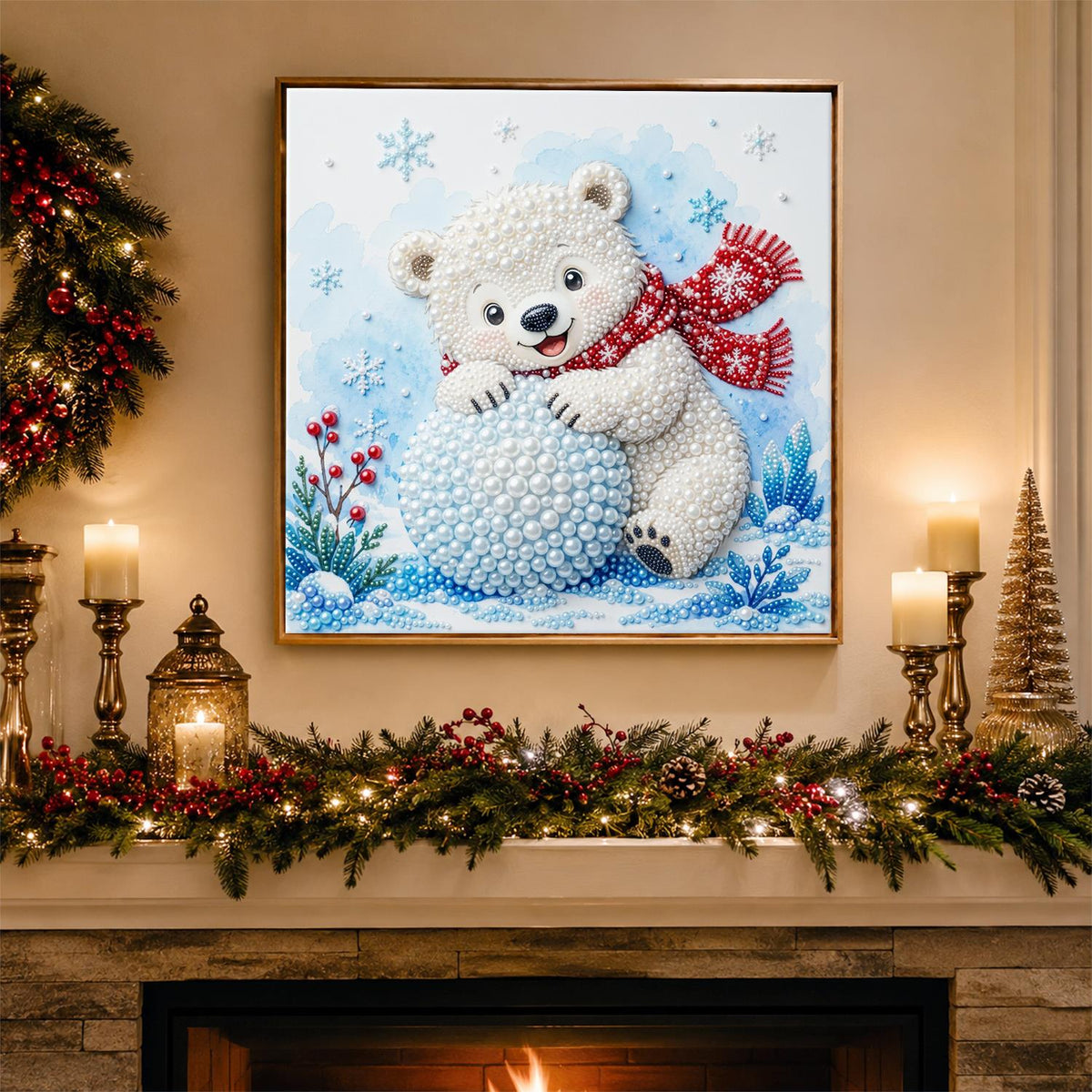 Polar Cub Rolling a Snowball pearl painting – image 3