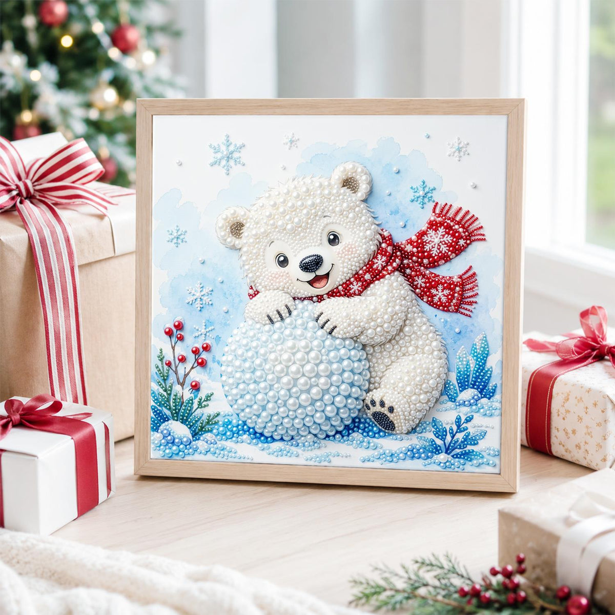 Polar Cub Rolling a Snowball pearl painting – image 4