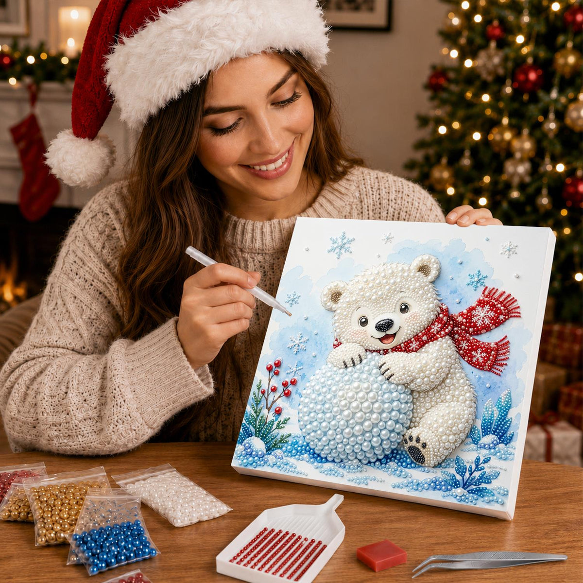 Polar Cub Rolling a Snowball pearl painting – image 16
