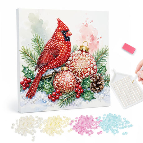 Cardinal with Rosy Baubles pearl painting – Red cardinal perched among pink and red baubles, pine branches, holly and pine cones