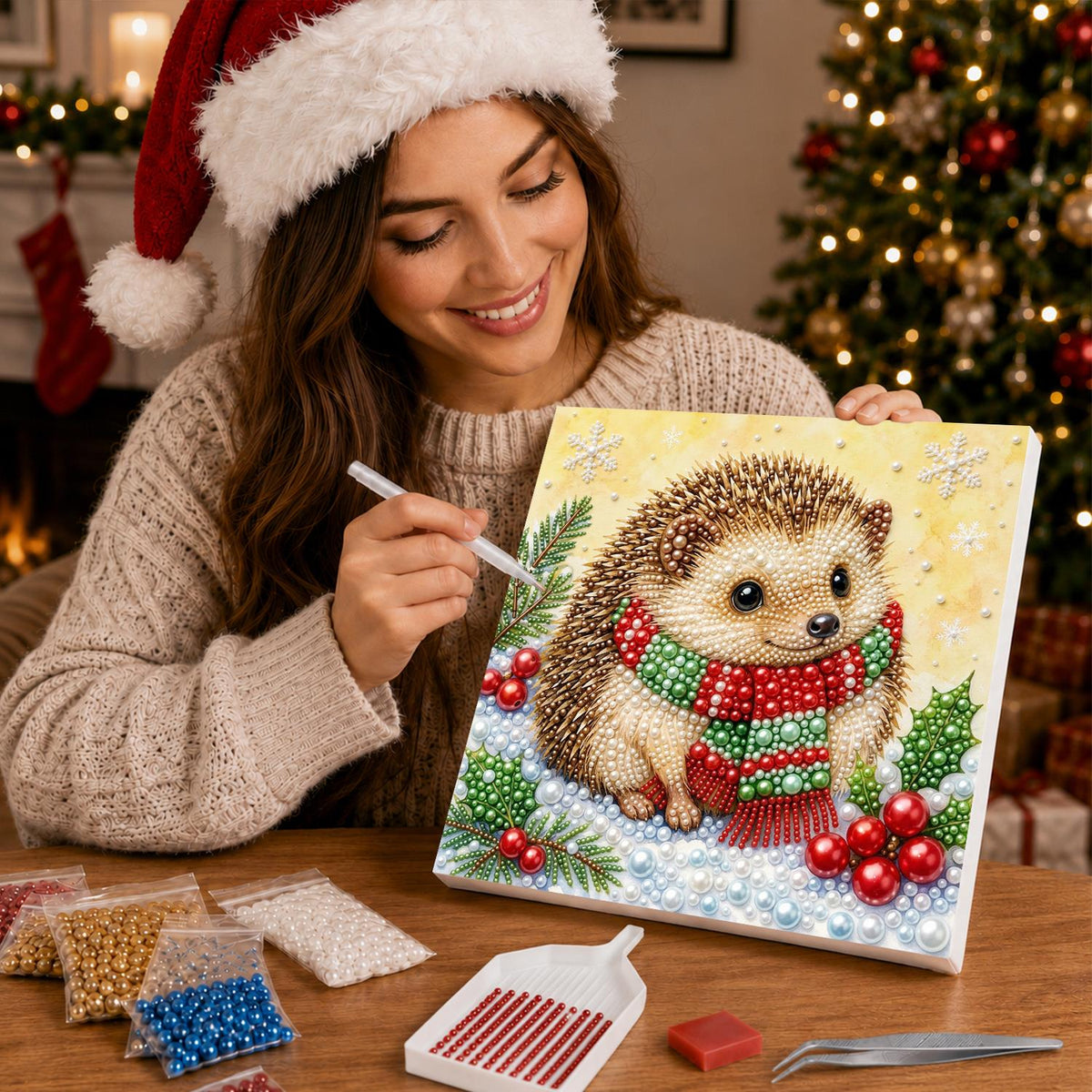 Hedgehog in a Striped Scarf pearl painting – image 16