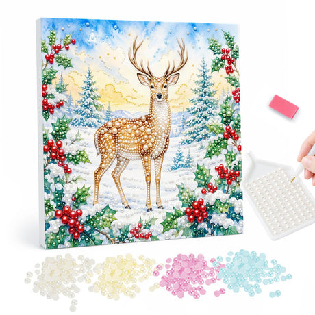 Stag in a Holly-Framed Forest pearl painting – Antlered stag standing in a snowy pine forest framed by holly and red berries under a golden sky