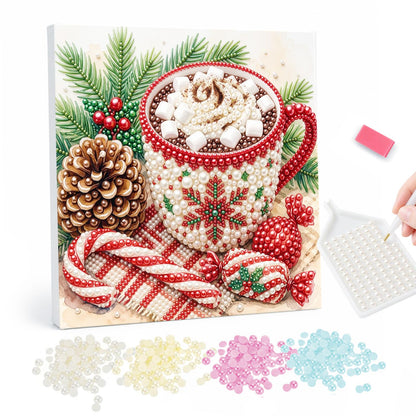 Marshmallow Cocoa and Candy Canes pearl painting – Snowflake-patterned mug of hot cocoa topped with marshmallows beside candy canes, sweets and a pine cone