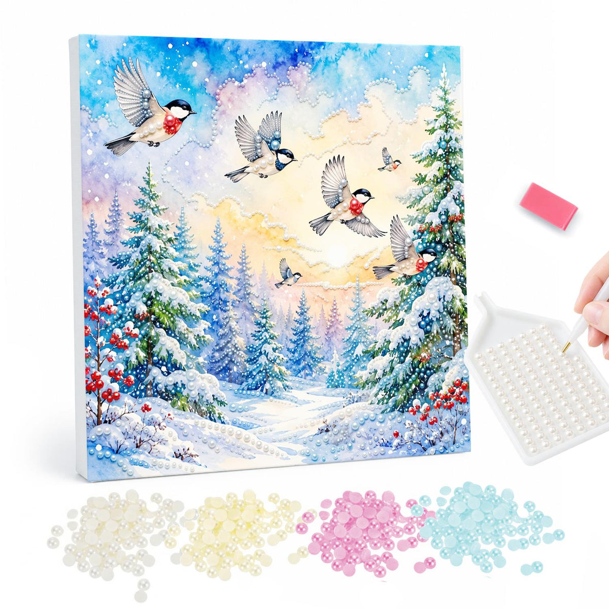 Songbirds Over a Snowy Forest pearl painting – Small black-capped birds flying over a snowy pine forest under a soft golden sky