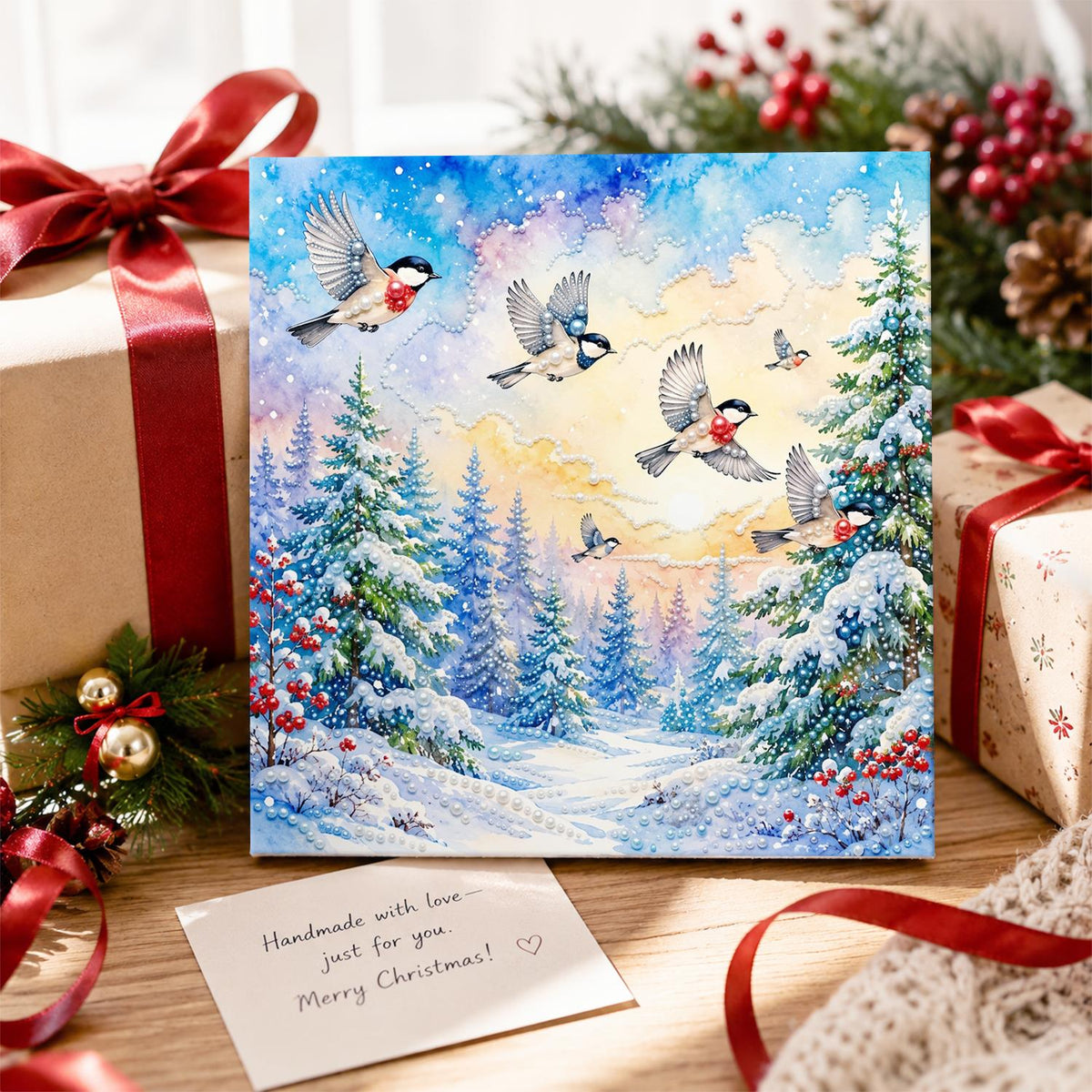 Songbirds Over a Snowy Forest pearl painting – image 2