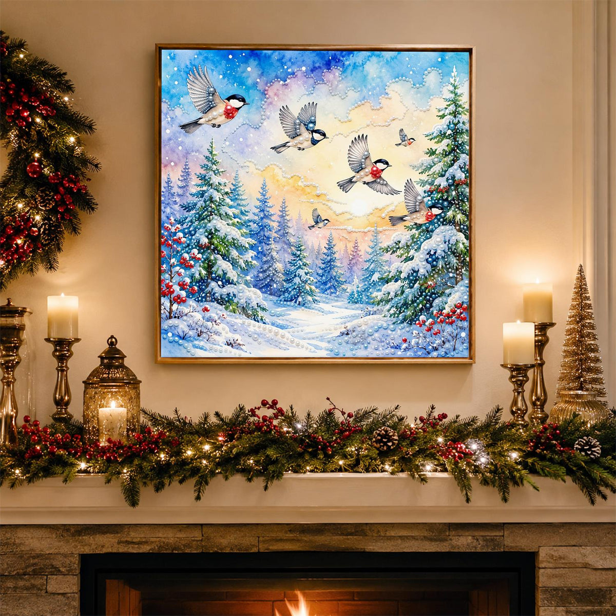 Songbirds Over a Snowy Forest pearl painting – image 3