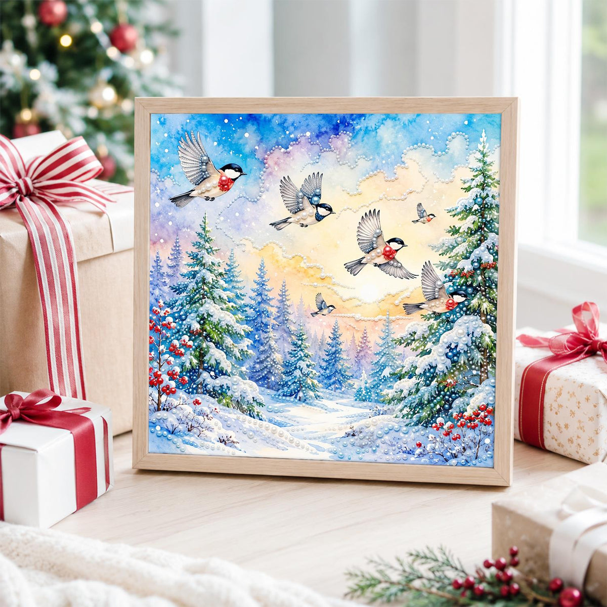 Songbirds Over a Snowy Forest pearl painting – image 4