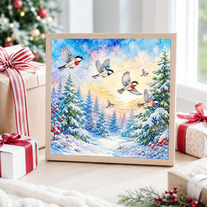 Songbirds Over a Snowy Forest pearl painting – image 4