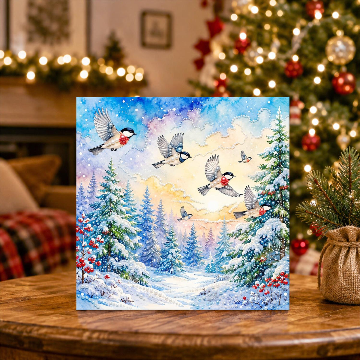 Songbirds Over a Snowy Forest pearl painting – image 5