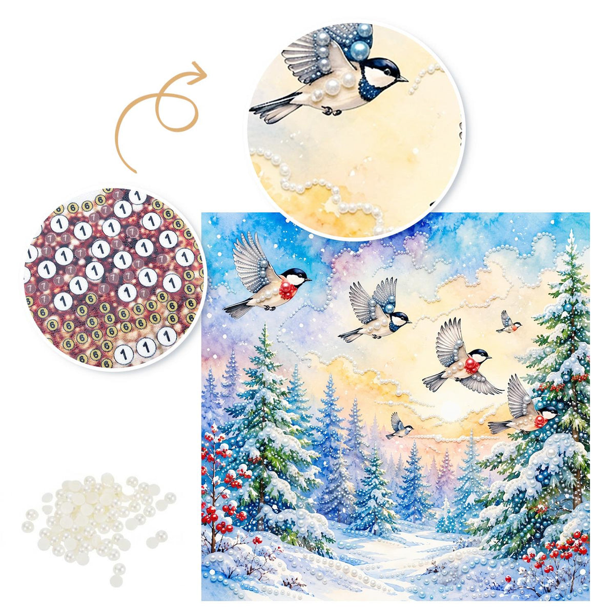 Songbirds Over a Snowy Forest pearl painting – image 6