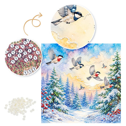 Songbirds Over a Snowy Forest pearl painting – image 6
