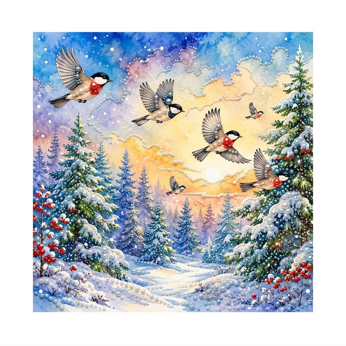 Songbirds Over a Snowy Forest pearl painting – image 11