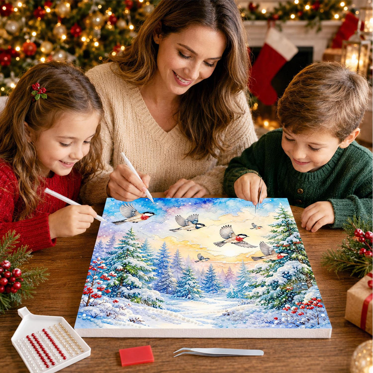 Songbirds Over a Snowy Forest pearl painting – image 15