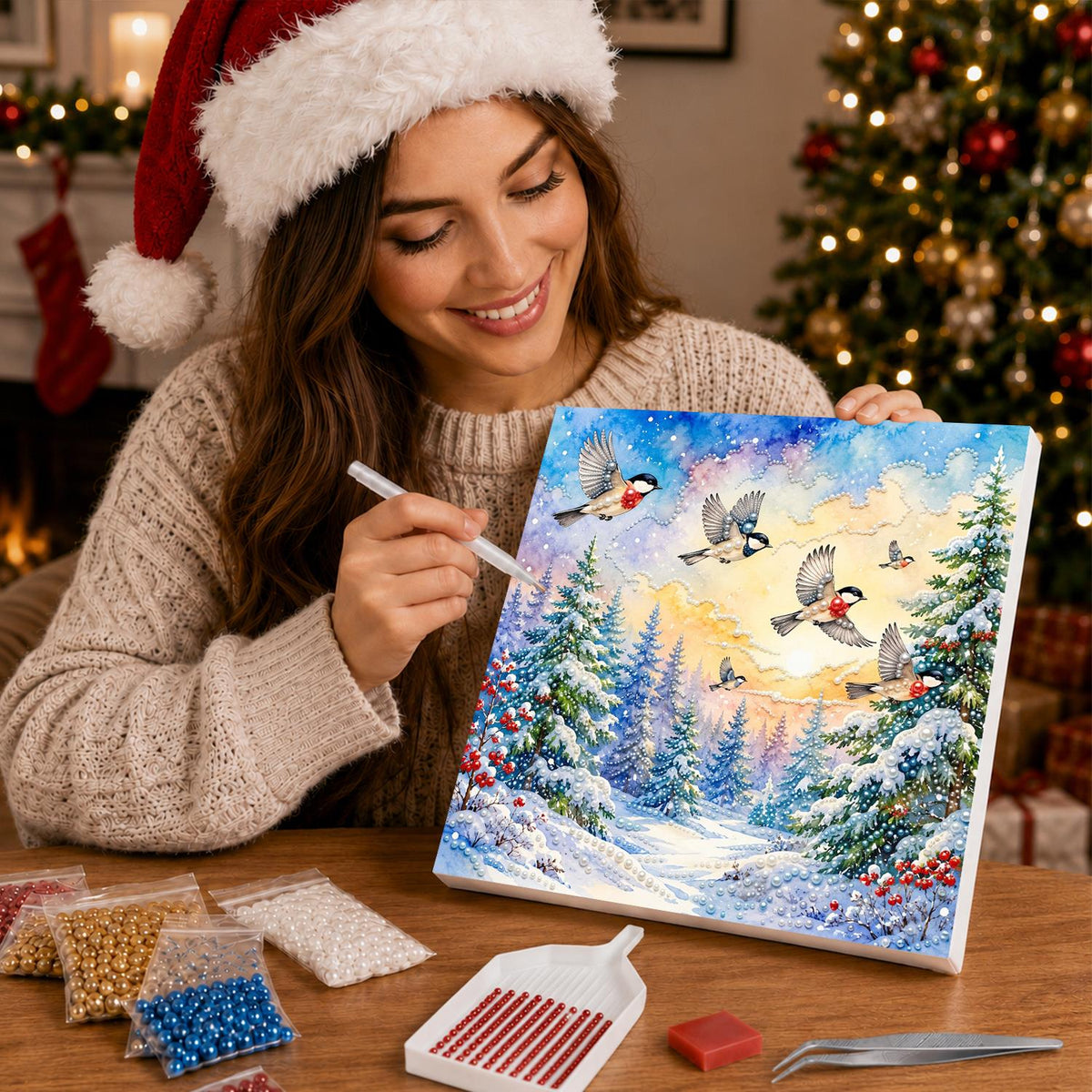 Songbirds Over a Snowy Forest pearl painting – image 16