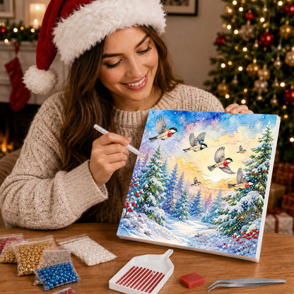 Songbirds Over a Snowy Forest pearl painting – image 16