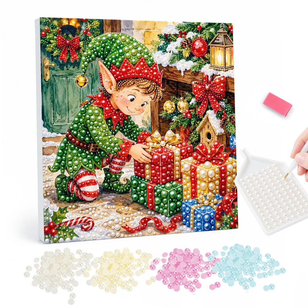 Elf Stacking Christmas Gifts pearl painting – Elf in a green suit and red hat arranging wrapped presents by a wreathed door and lantern