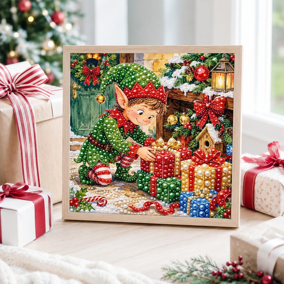 Elf Stacking Christmas Gifts pearl painting – image 4