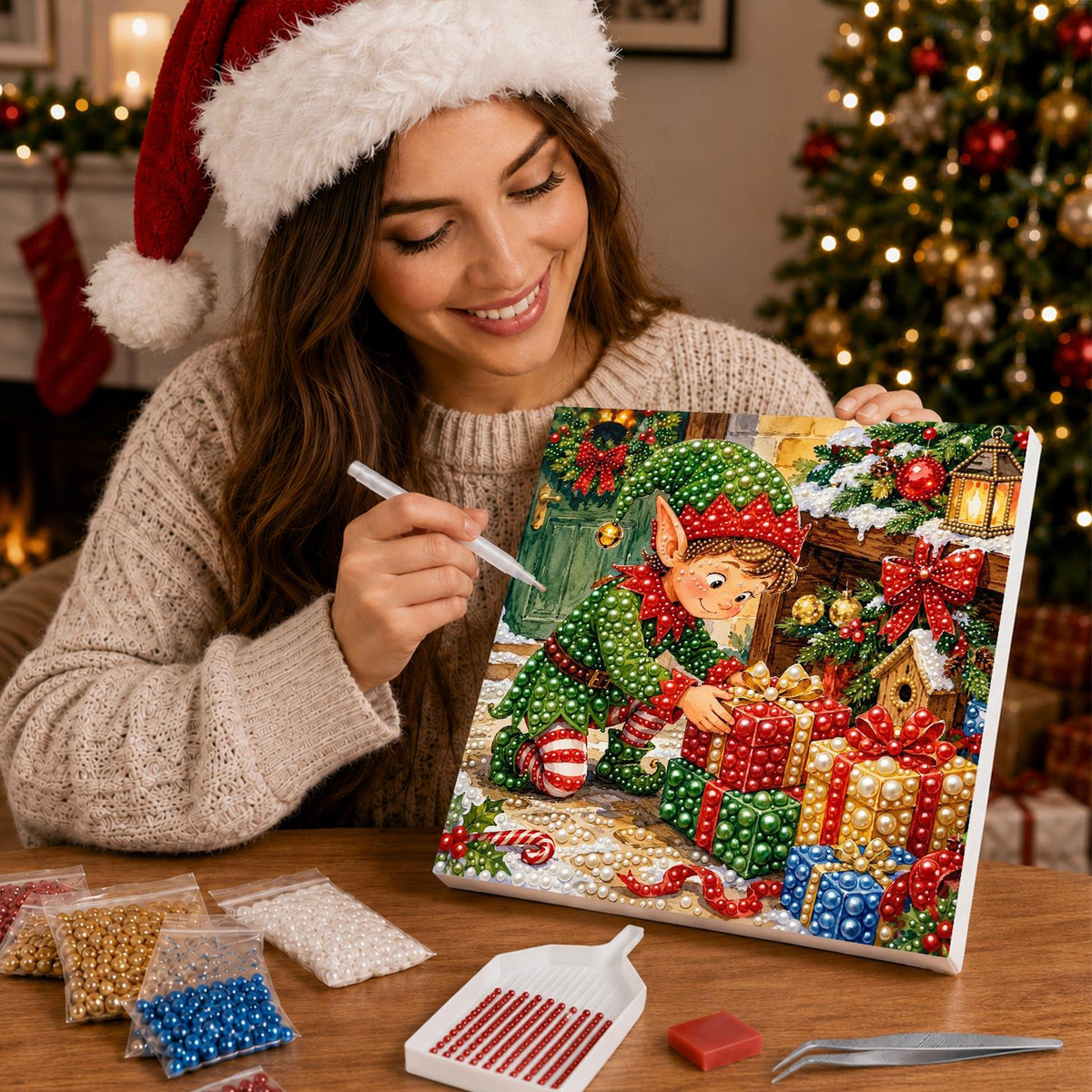 Elf Stacking Christmas Gifts pearl painting – image 16