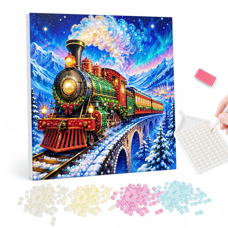 Christmas Pearl Painting Train Through Snowy Mountains pearl painting – image 1