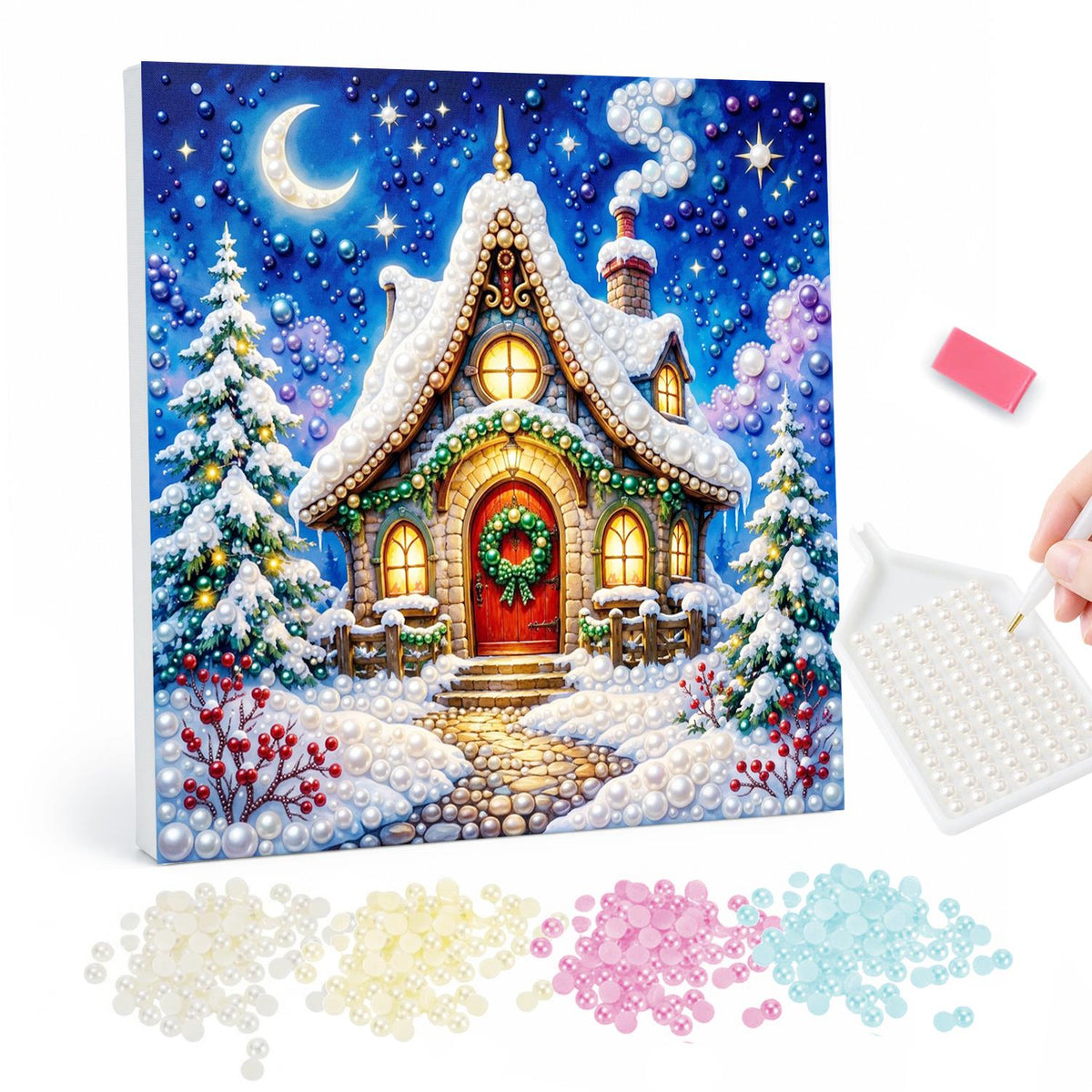 Moonlit Cottage with Red Door pearl painting – Snow-covered cottage with glowing windows and a wreathed red door under a crescent moon and stars