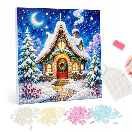 Pearl Painting of a Snowy Christmas Cottage pearl painting – image 1