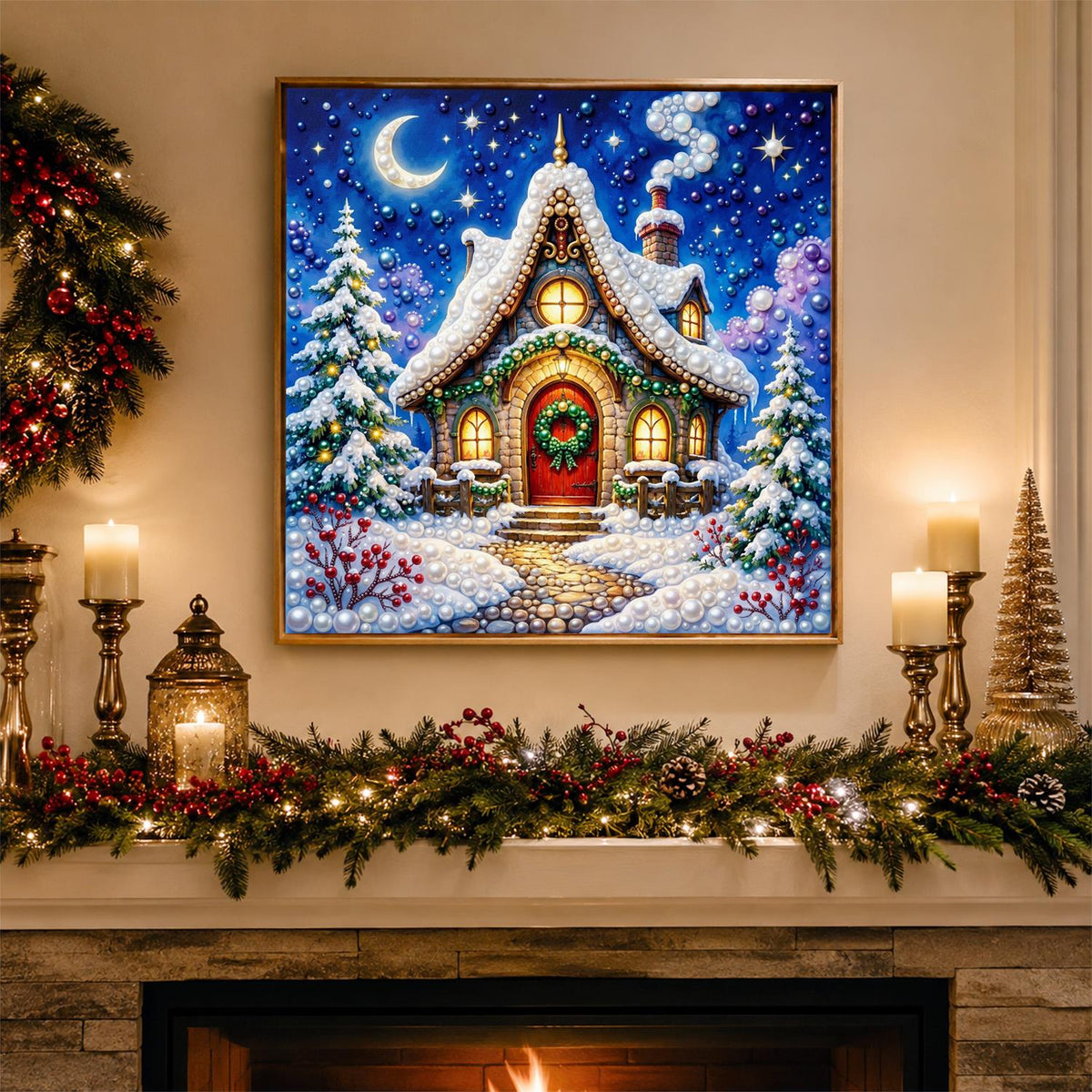 Moonlit Cottage with Red Door pearl painting – image 3