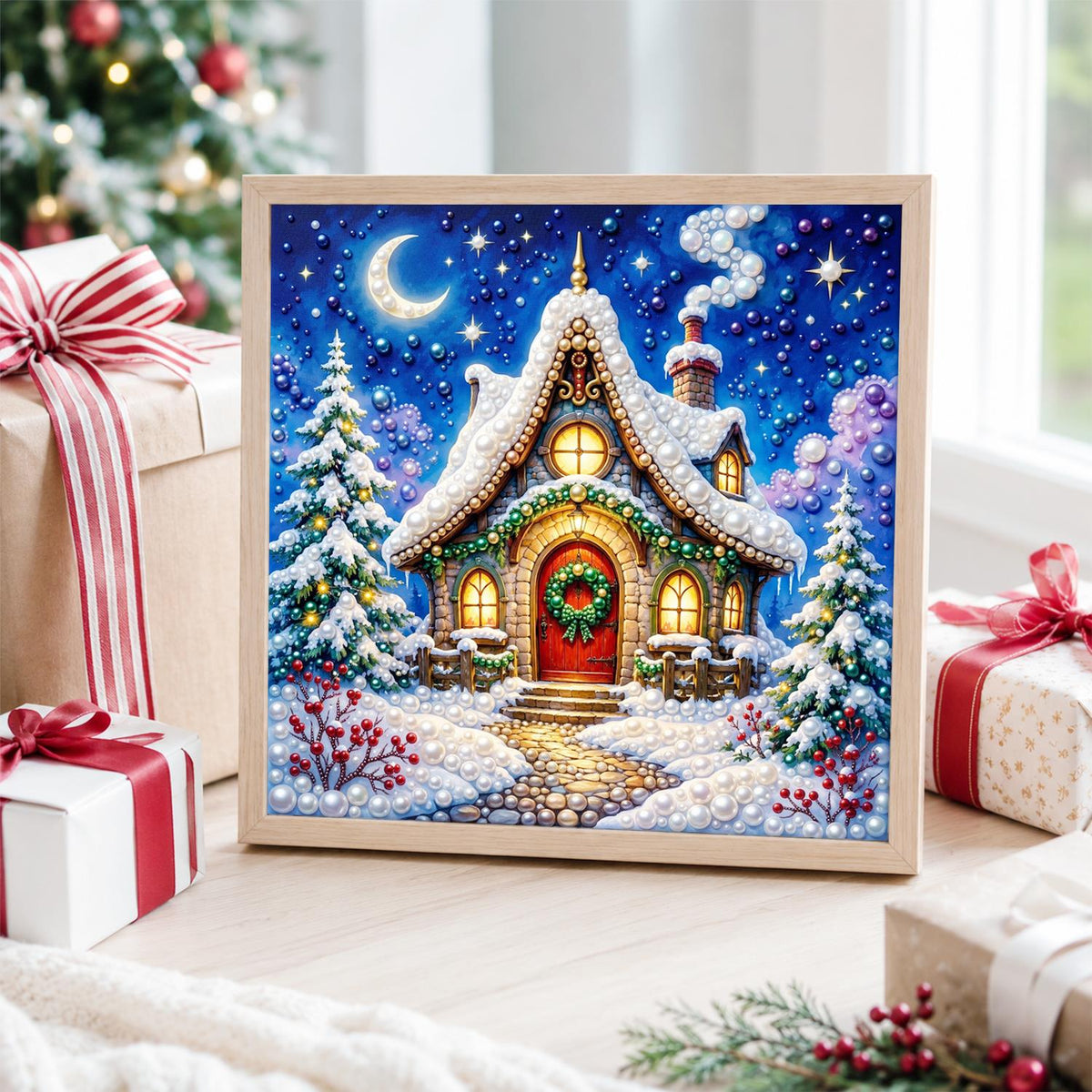 Moonlit Cottage with Red Door pearl painting – image 4
